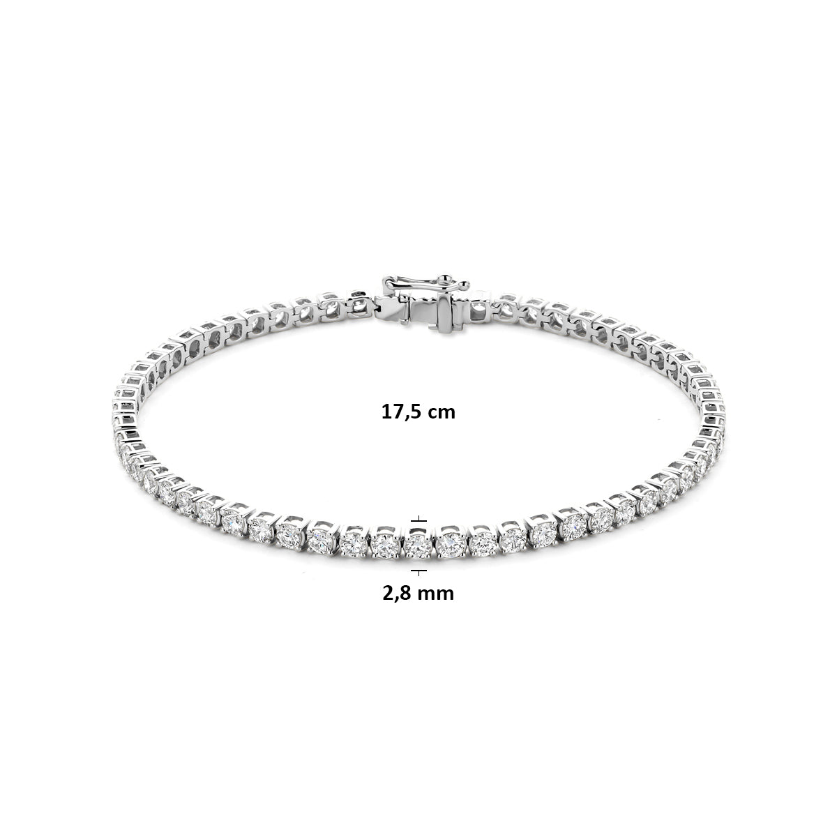 Afmetingen van de witgouden tennisarmband met lab grown diamant van 14 karaat: 17,5 cm lang en 2,8 mm breed, 4,00 ct.