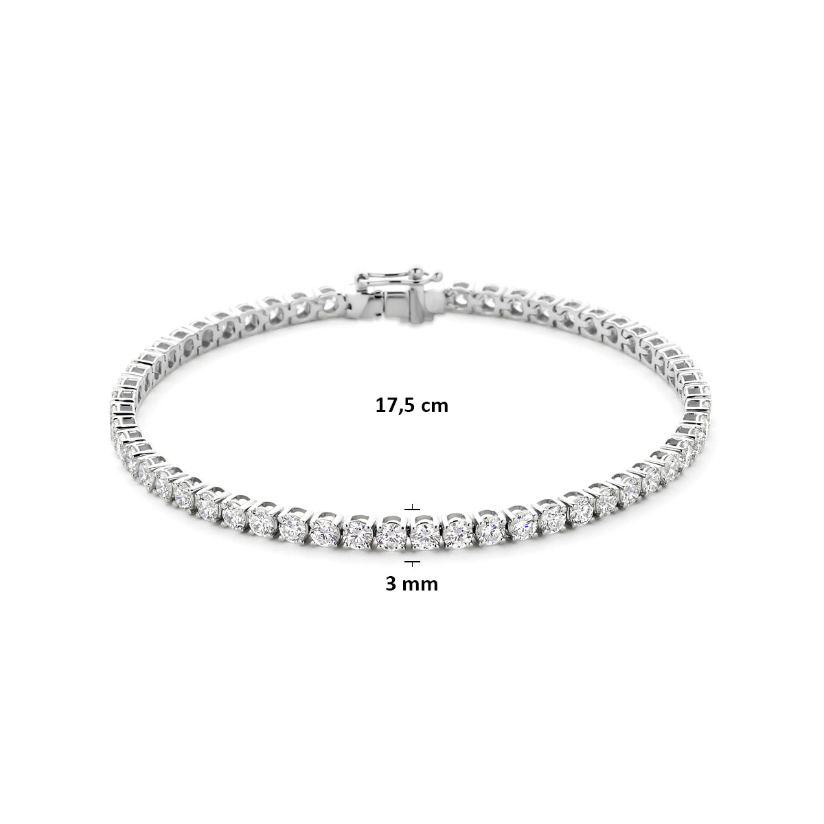 Afmetingen van de witgouden tennisarmband met lab grown diamant van 14 karaat: 17,5 cm lang en 3 mm breed, 5,00 ct.
