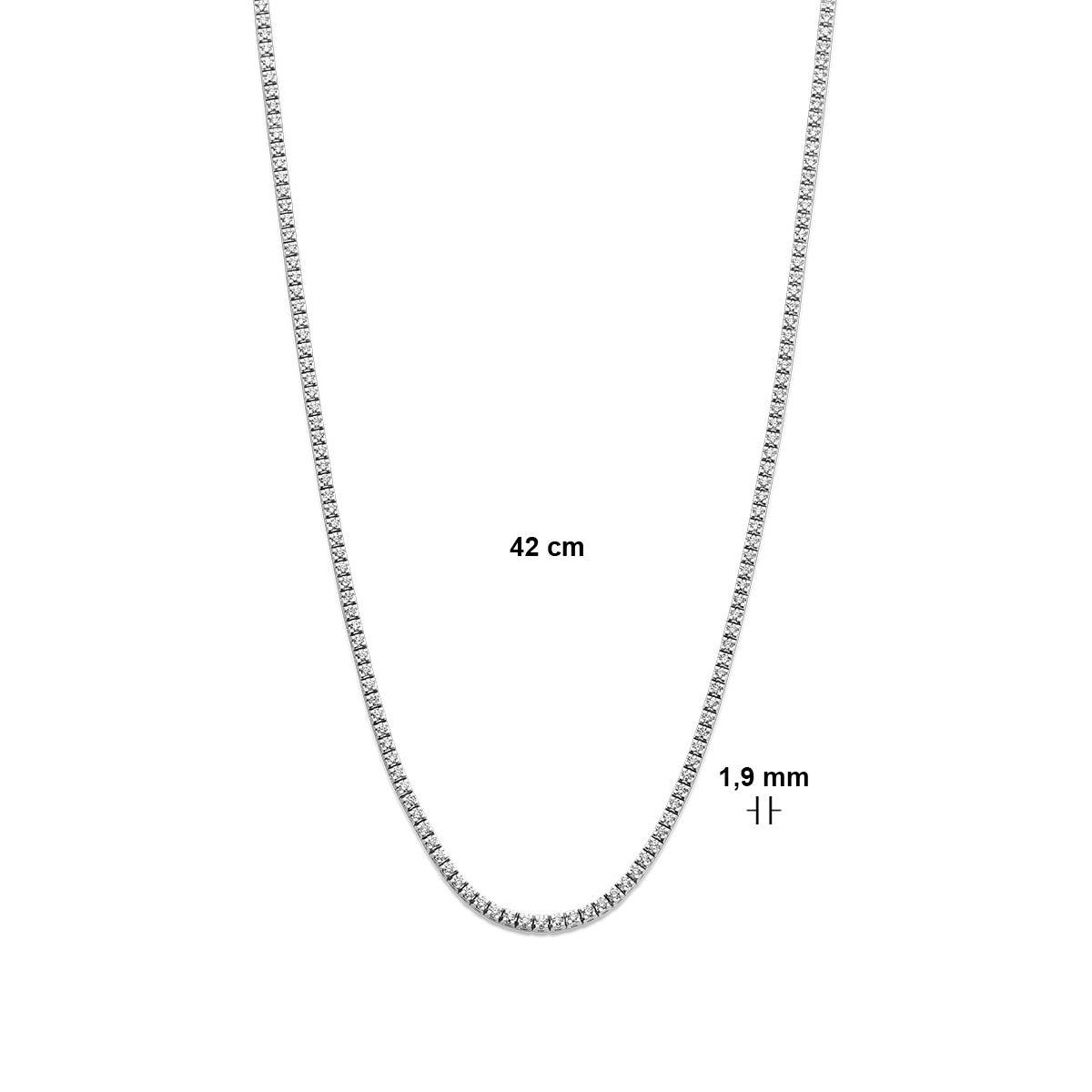 Afmetingen van de witgouden tennisketting met lab grown diamant van 14 karaat: 42 cm lang en 1,9 mm breed, 2,00 ct.