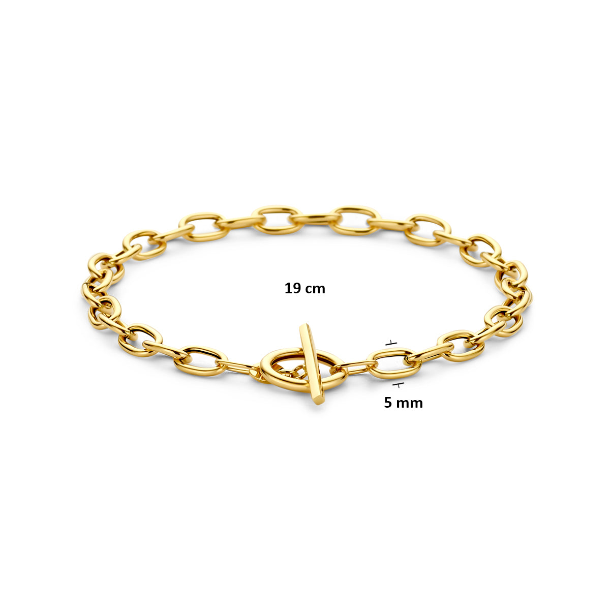 Technische afbeelding van de 14 karaat gouden ankerschakel armband met kapittelsluiting met afmetingen, 5 mm breed, 19 cm lang.