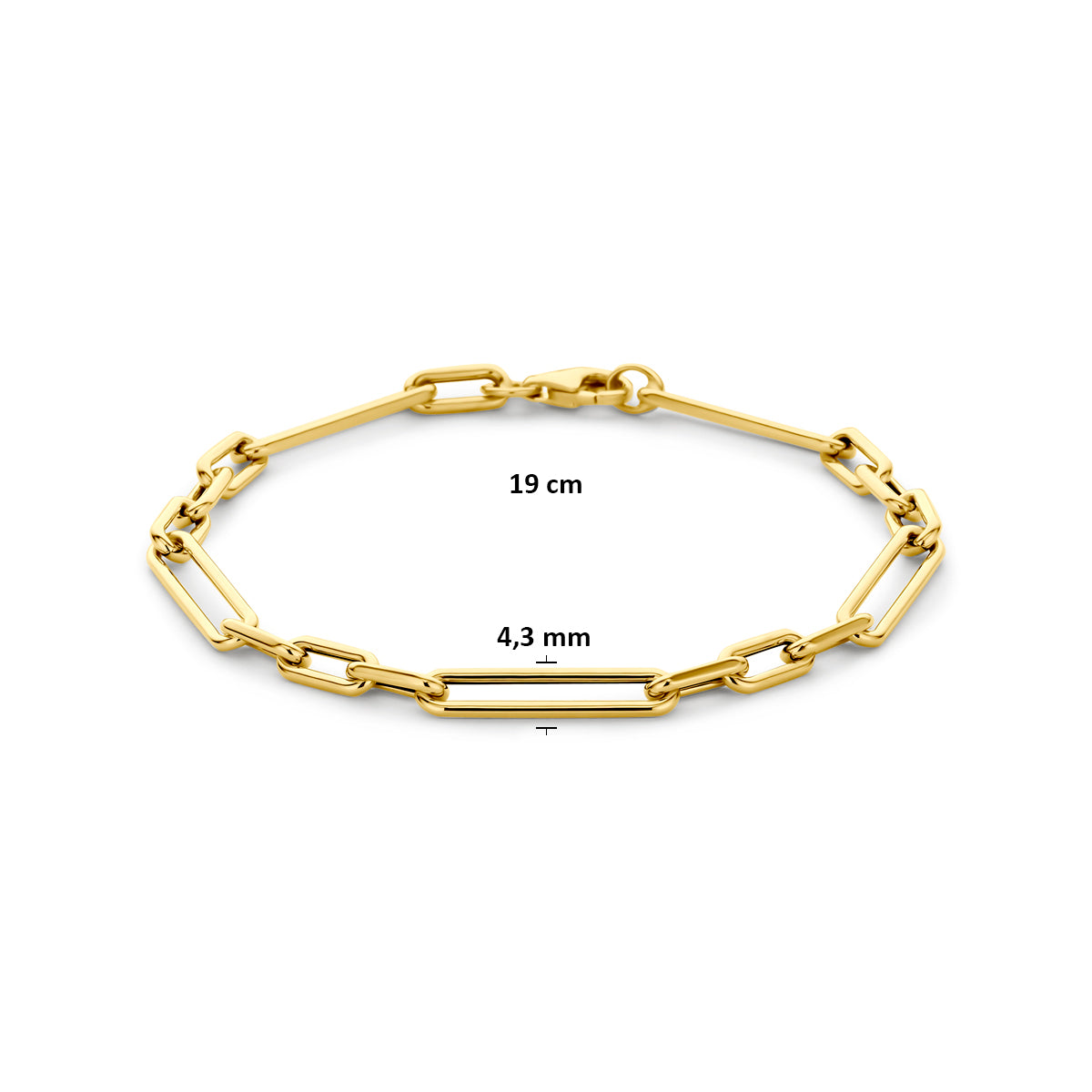Technische afbeelding van de 14 karaat gouden armband met ankerschakels met afmetingen, 4,3 mm breed, 19 cm lang.