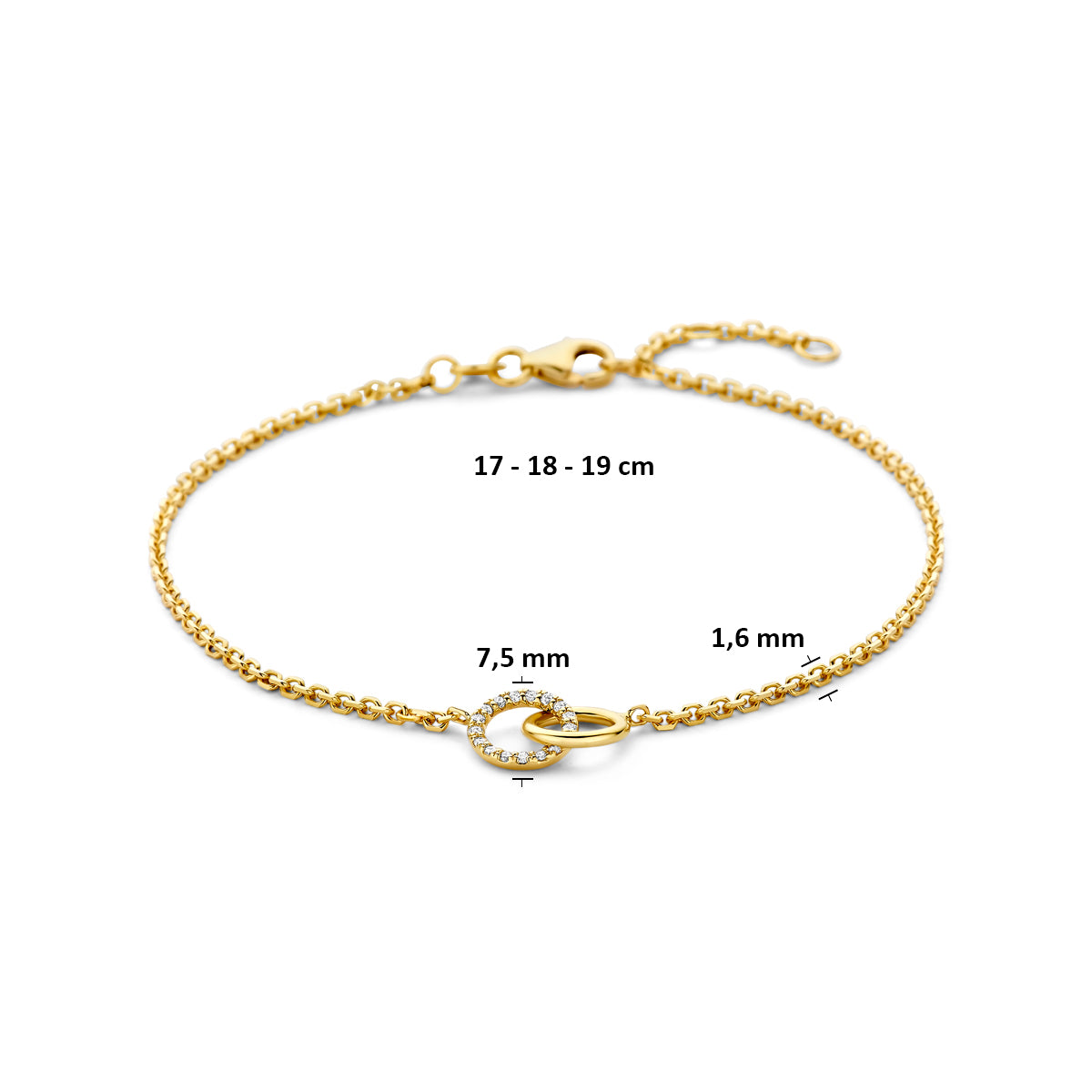 Technische afbeelding van de 14 karaat gouden armband met dubbele cirkel en lab diamant 0,09 ct met afmetingen, 17 cm lang met verlengstuk tot 19 cm.