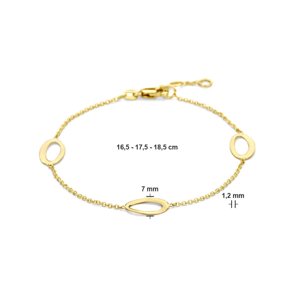 Technische afbeelding van de 14 karaat gouden armband met open ovalen schakel met afmetingen, 7 mm breed, 16,5 cm lang met verlengstuk tot 18,5 cm.