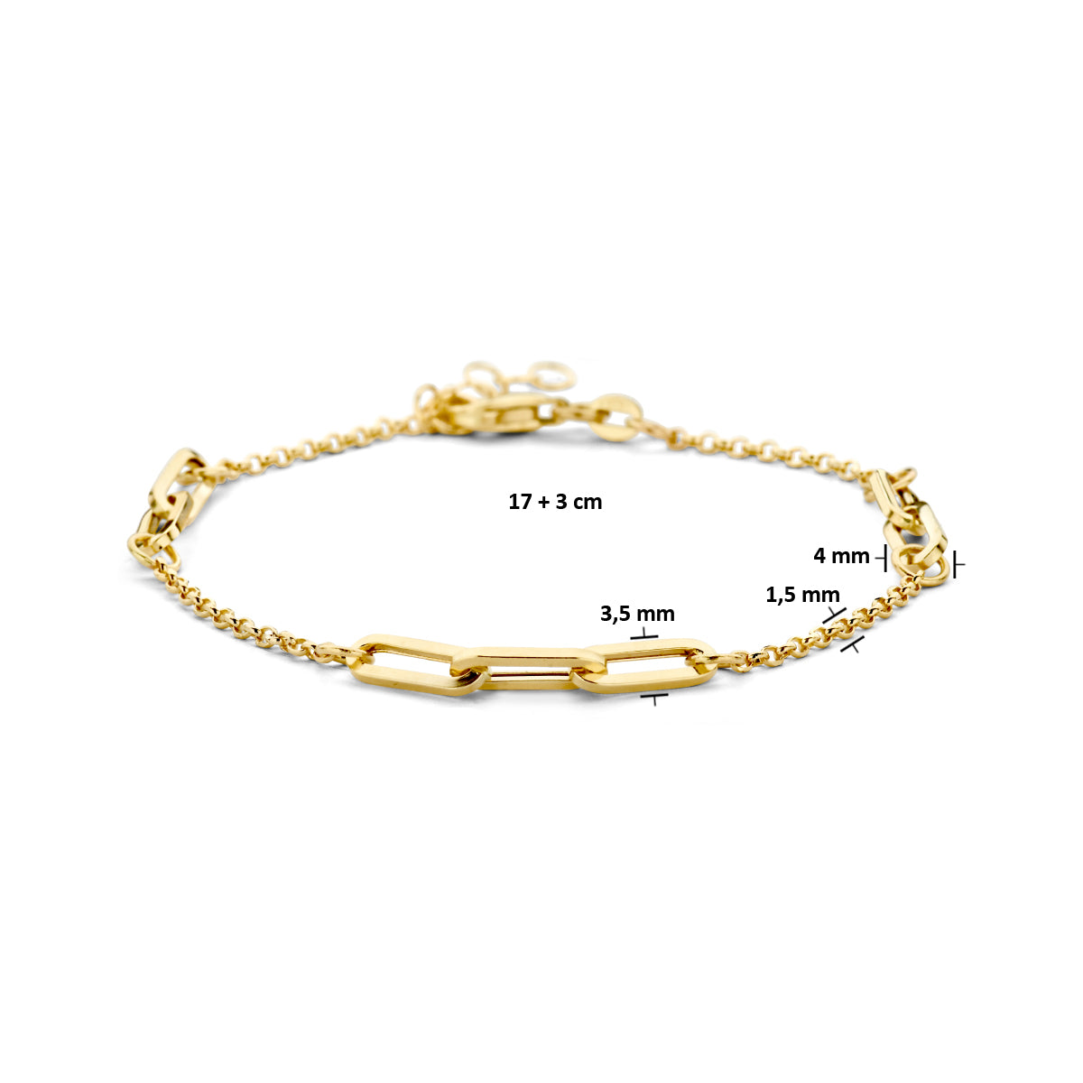 Technische afbeelding van de 14 karaat gouden armband met paperclip jasseron schakel met afmetingen, 3,5 mm breed, 17 cm lang met verlengstuk tot 20 cm.