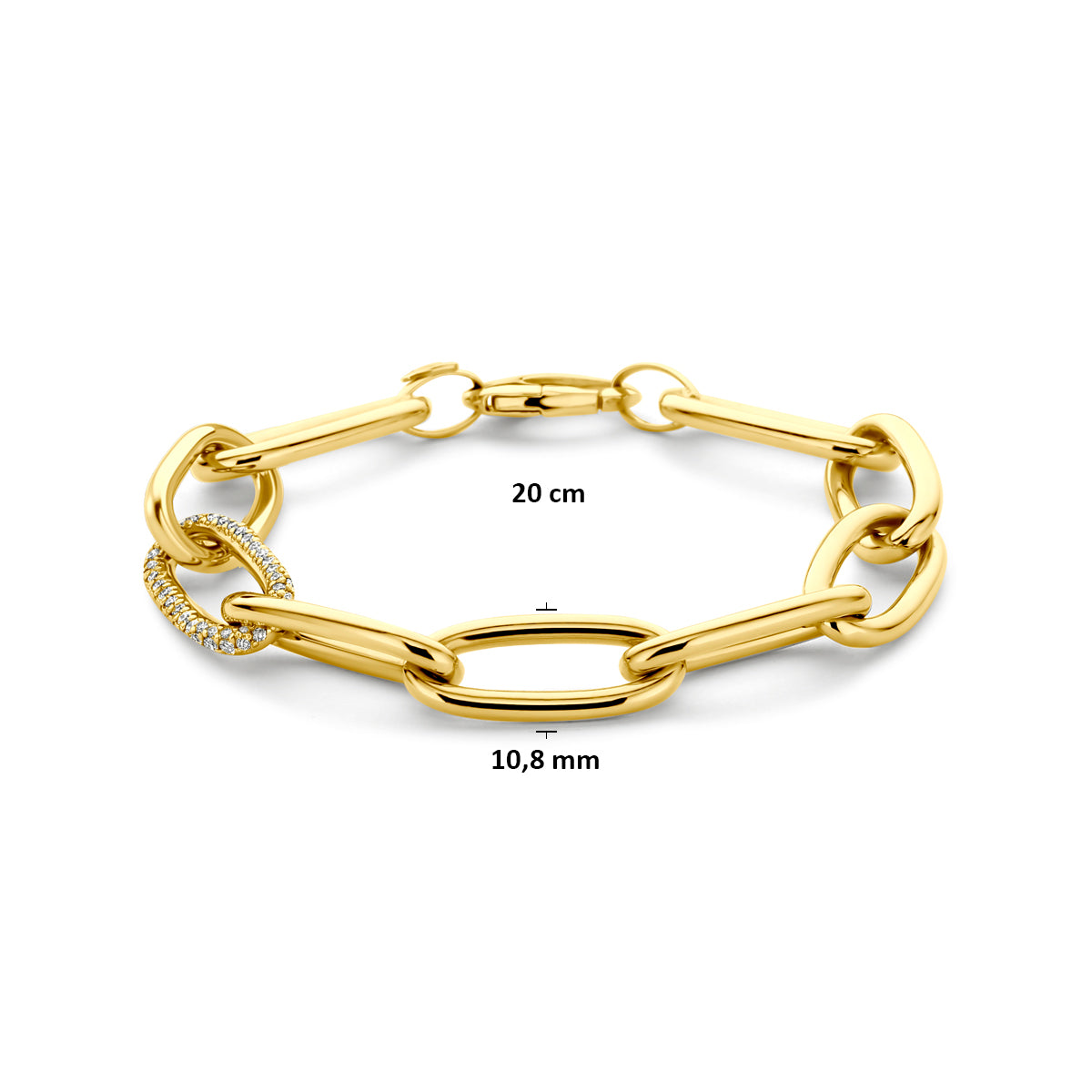 Technische afbeelding van de 14 karaat gouden armband met paperclip schakel en lab grown diamant 1,22 ct met afmetingen, 10,8 mm breed, 20 cm lang.