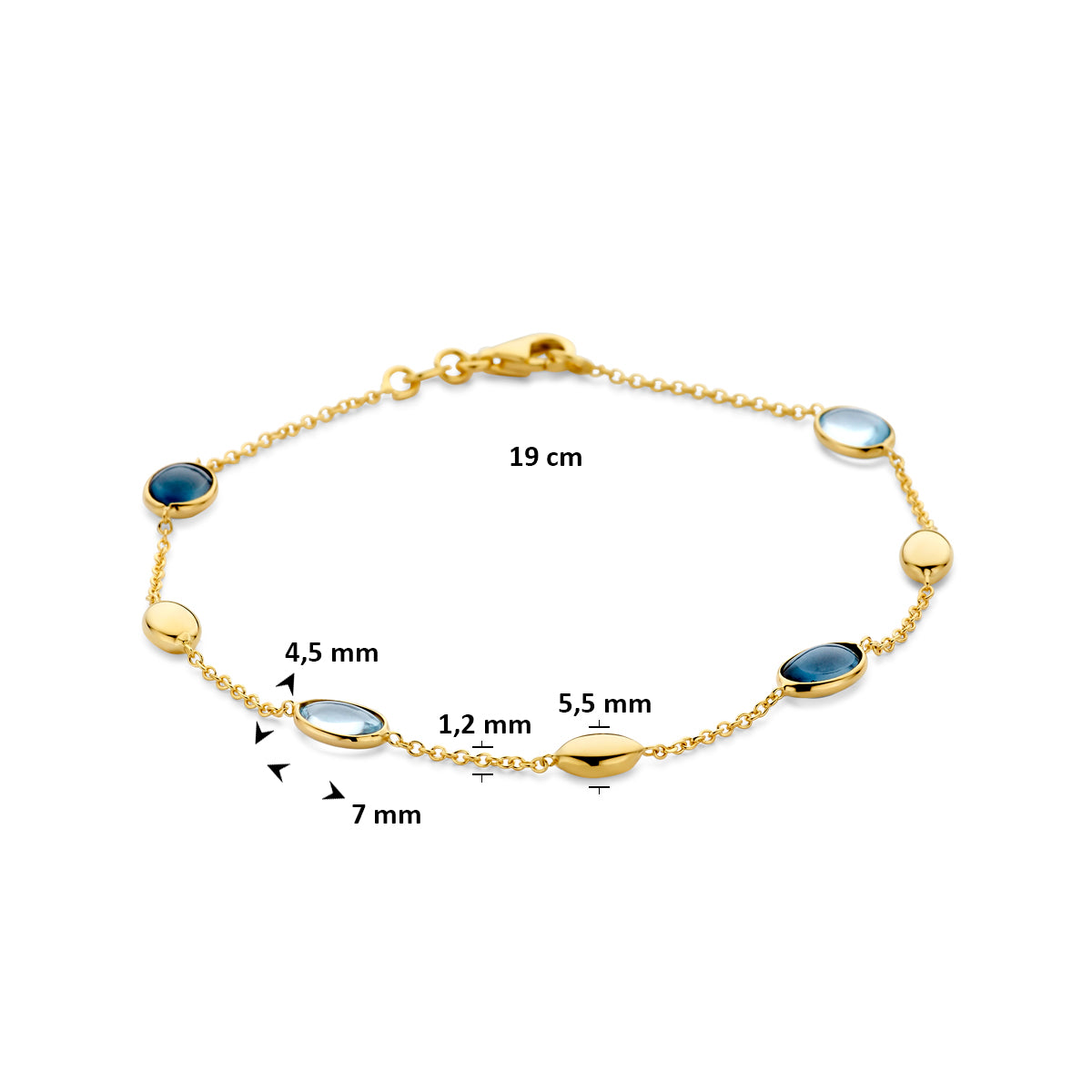 Technische afbeelding van de 14k gouden armband met ovale sky blue en london blue topaas met afmetingen, 5,5 mm breed, 19 cm lang.