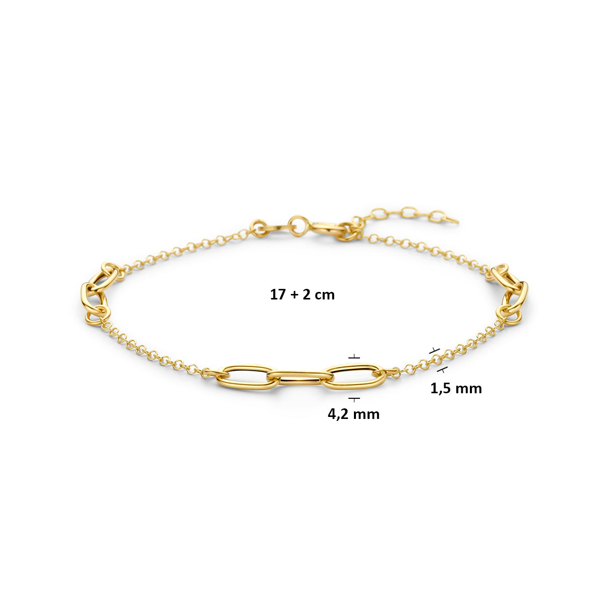 Technische afbeelding van de 14 karaat gouden fantasie schakelarmband met afmetingen, 4,2 mm breed, 17 cm lang met verlengstuk tot 19 cm.