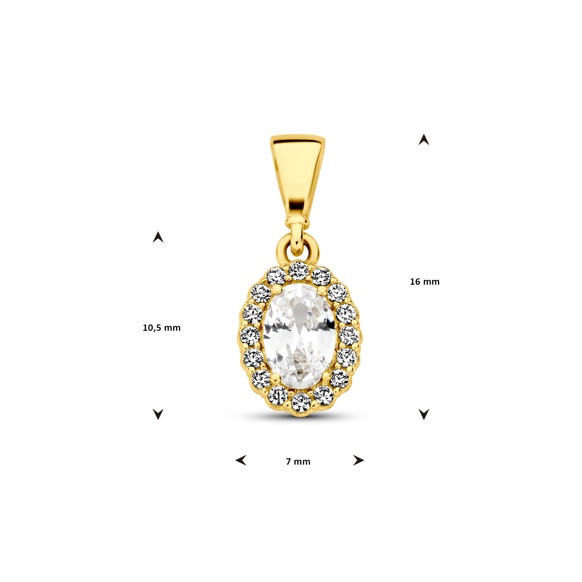 Technische afbeelding van de 14 karaat geelgouden geboortesteenhanger april met afmetingen, 16 mm hoog en 7 mm breed.