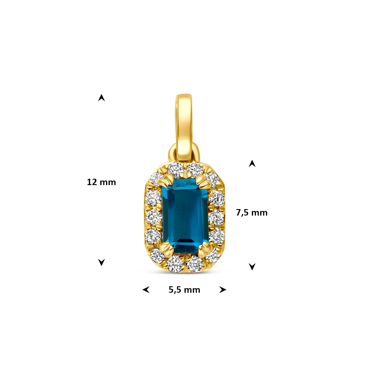 Technische afbeelding van de 14 karaat gouden halo hanger london blue topaas met lab diamant 0,08 ct met afmetingen, 12 mm hoog inclusief oog en 5,5 mm breed.
