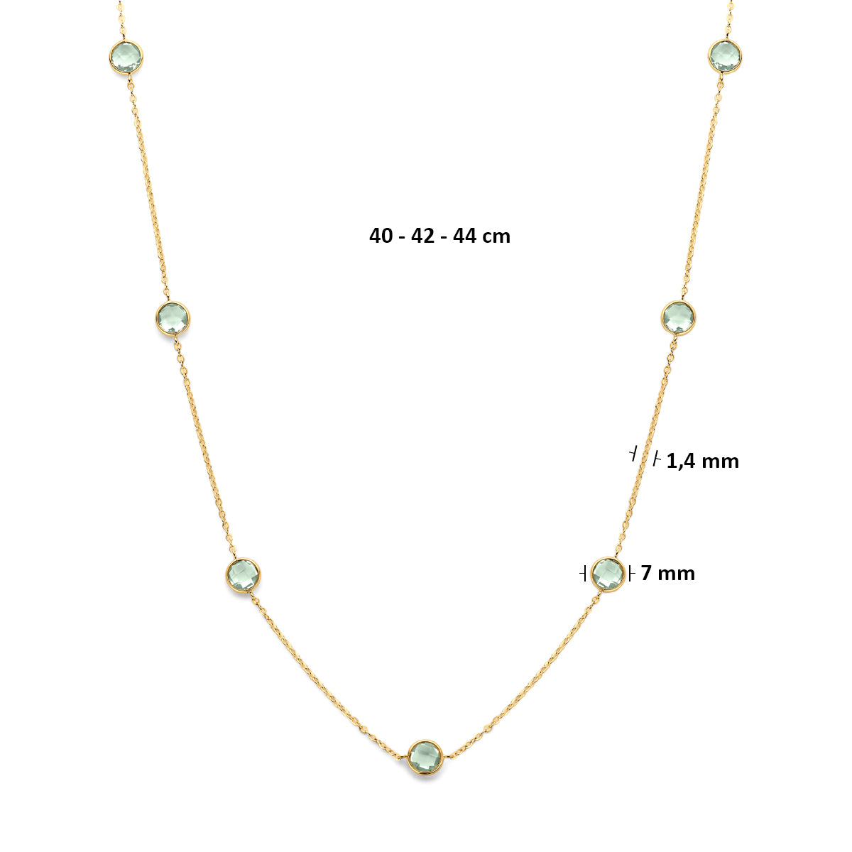 Technische afbeelding van de 14 karaat gouden halsketting groene amethist met afmetingen, 7 mm breed, 40 cm lang met verlengstuk tot 44 cm.