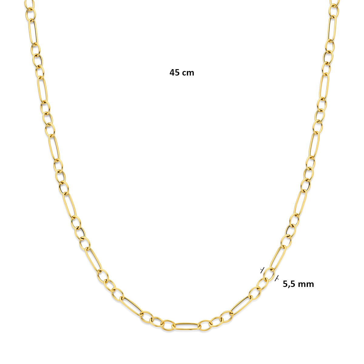Technische afbeelding van de 14 karaat gouden halsketting met ovale schakels met afmetingen, 5,5 mm breed, 45 cm lang.