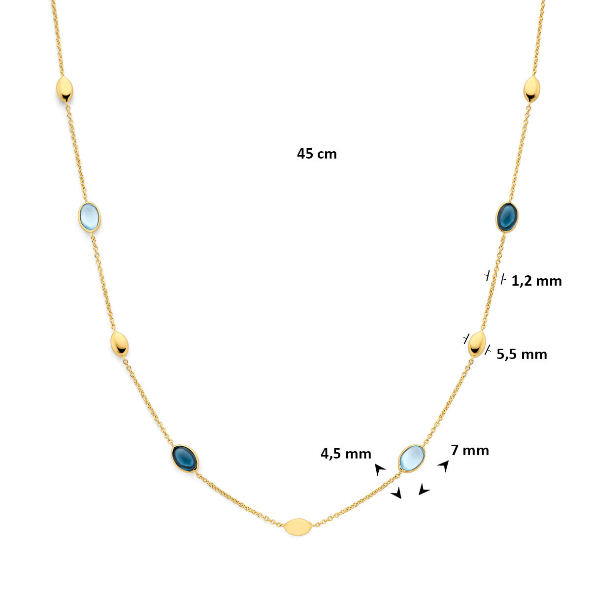 Technische afbeelding van de 14 karaat gouden halsketting sky blue en london blue topaas ovaal met afmetingen, 5,5 mm breed, 45 cm lang.