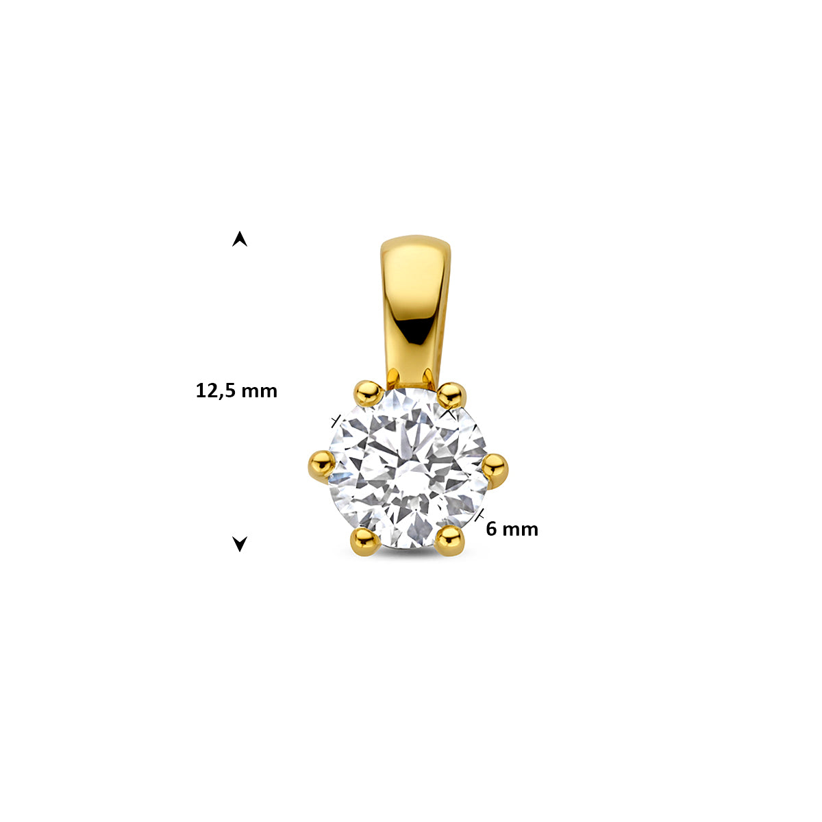 Technische afbeelding van de 14 karaat gouden hanger met lab grown diamant 0,75 ct met afmetingen, 12,5 mm hoog en 7,5 mm breed.