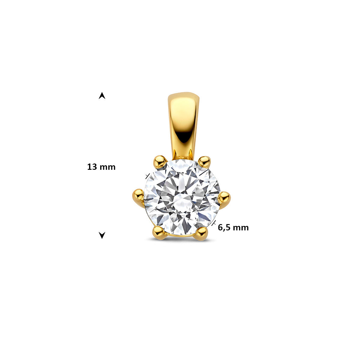 Technische afbeelding van de 14 karaat gouden hanger met lab grown diamant 1,00 ct met afmetingen, 13 mm hoog en 8 mm breed.
