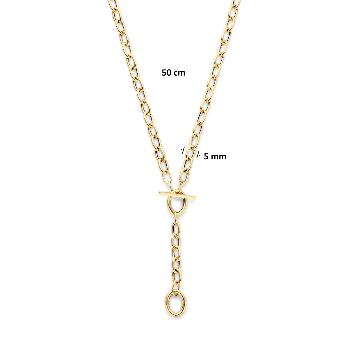 Technische afbeelding van de 14 karaat gouden ketting y-vorm met ankerschakel met afmetingen, 5 mm breed, 50 cm lang.