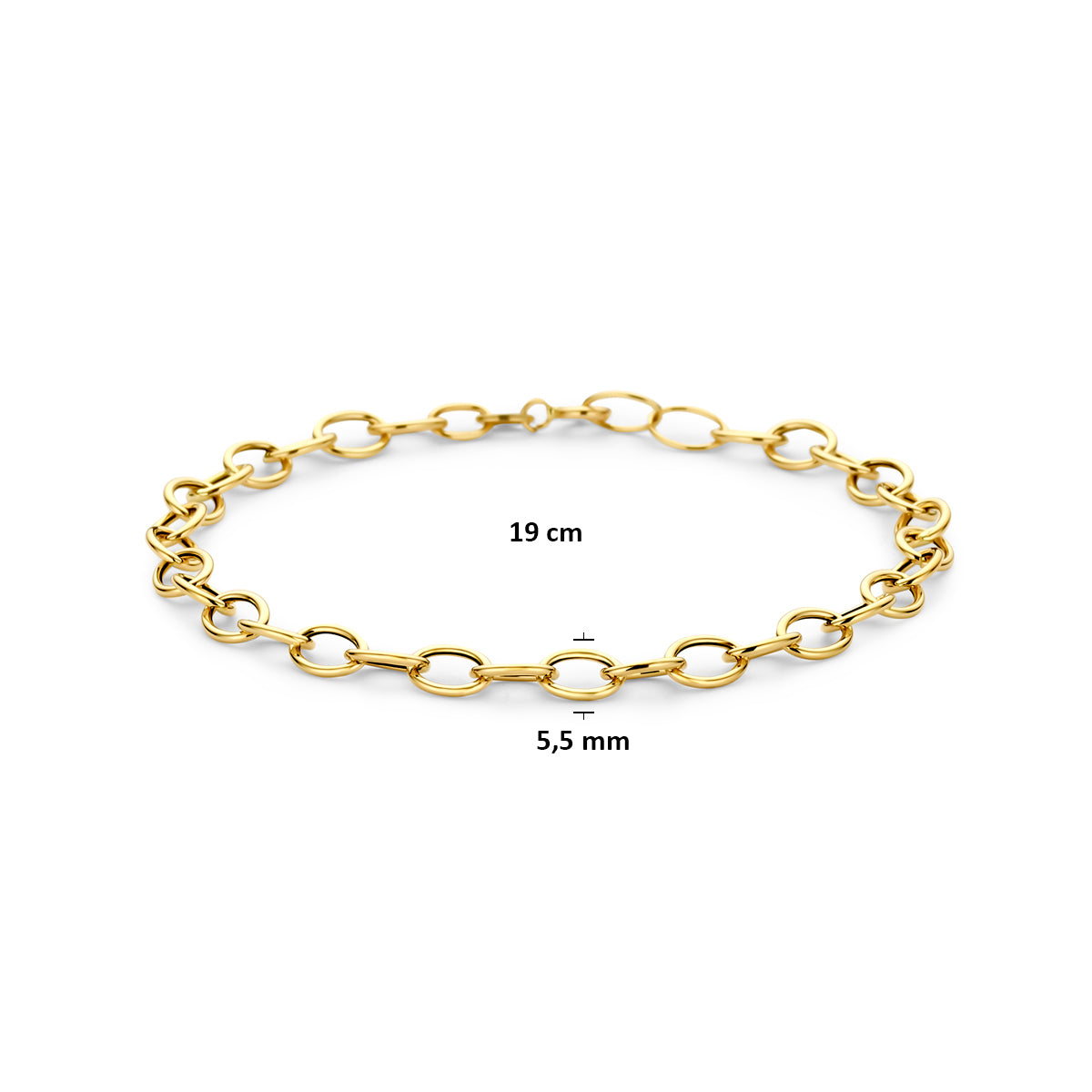 Technische afbeelding van de 14 karaat gouden ovale schakelarmband met afmetingen, 5,5 mm breed, 19 cm lang.
