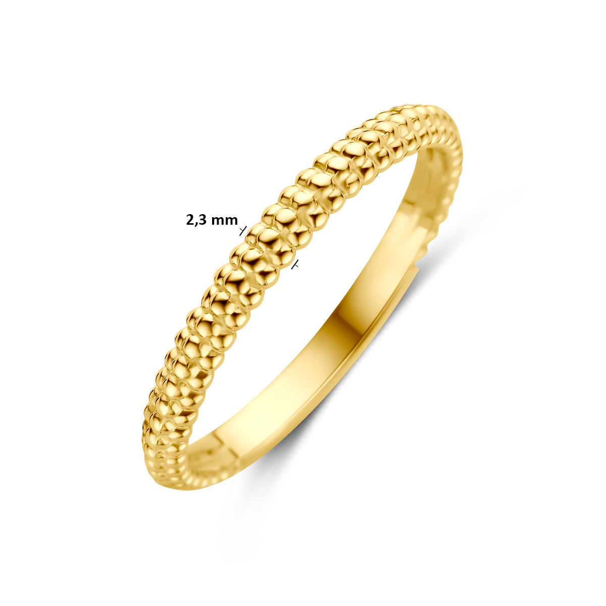 Technische afbeelding van de 14 karaat gouden ring bolletjes met afmetingen, 2,3 mm breed, verkrijgbaar in ringmaat 16 tot 18½.
