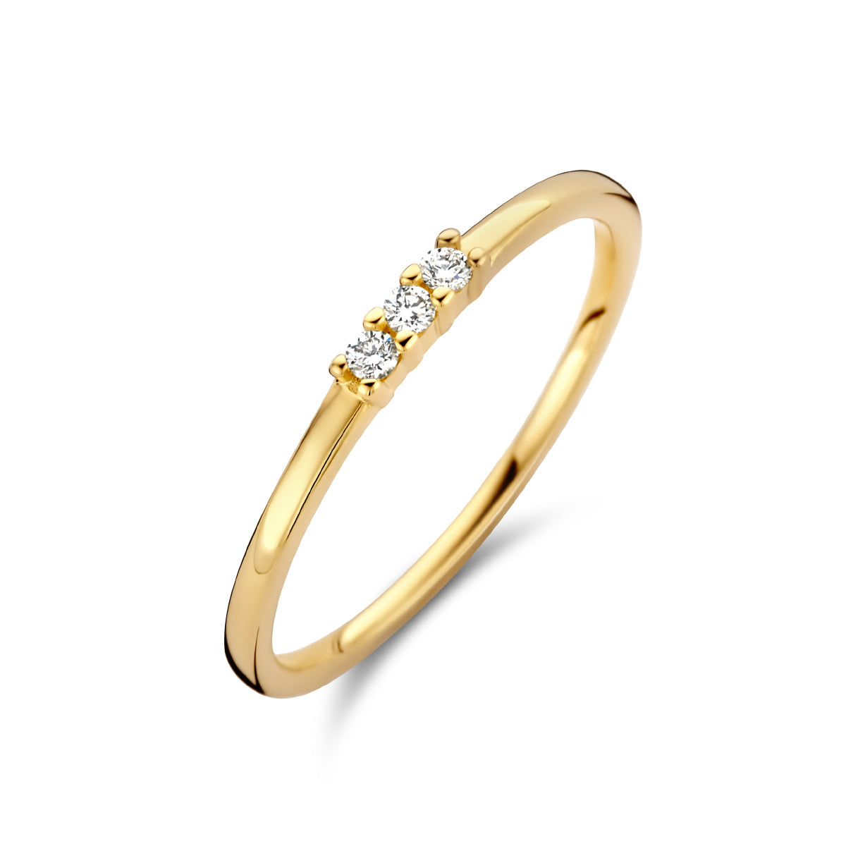 Gouden ring met 3 diamanten van 14 karaat, samen 0,05 ct, schuin van bovenaf gezien.