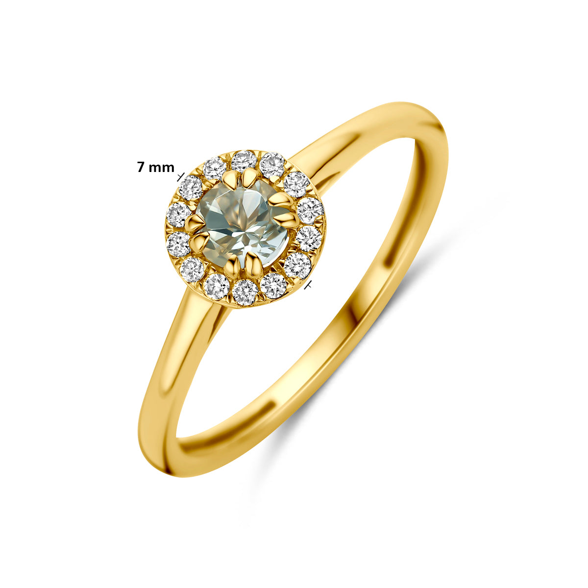 Technische afbeelding van de 14 karaat gouden ring groene amethist halo lab diamant 0,08 ct met afmetingen, 7 mm breed, verkrijgbaar in ringmaat 16½ tot 18½.
