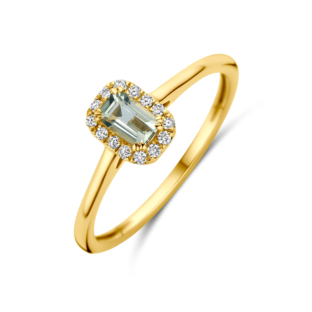 Gouden ring met halo edelsteen, schuin bovenaanzicht