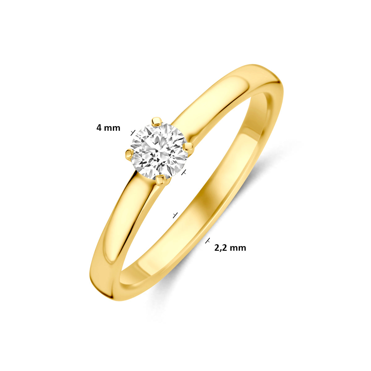 Technische afbeelding van de 14 karaat geelgouden solitair ring lab grown diamant 0,25 ct met afmetingen, verkrijgbaar in ringmaat 16 tot 18½.