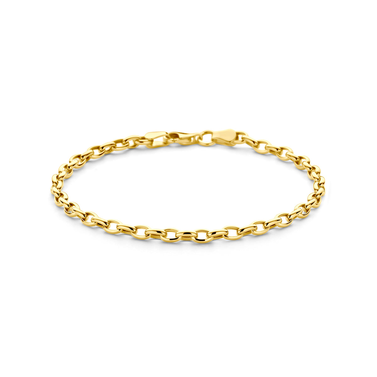 Vooraanzicht van de 'Giulia' armband: een 14 karaat geelgouden armband met ronde anker schakels van 3,1 mm breed.