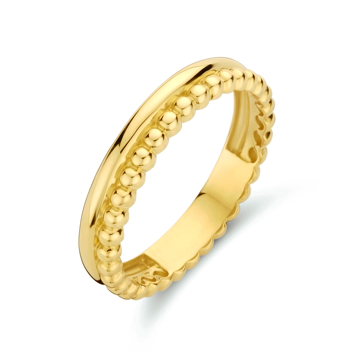 Productfoto schuinbovenaf van de 'Duna' ring, een 14 karaat gouden ring met een gladde baan en bolletjesrand.