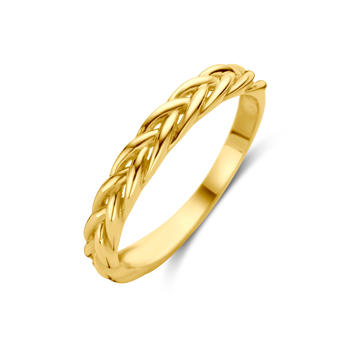 Productfoto schuinbovenaf van de 'Maud' ring, een 14 karaat gouden ring met een stevig gevlochten vossestaart motief.