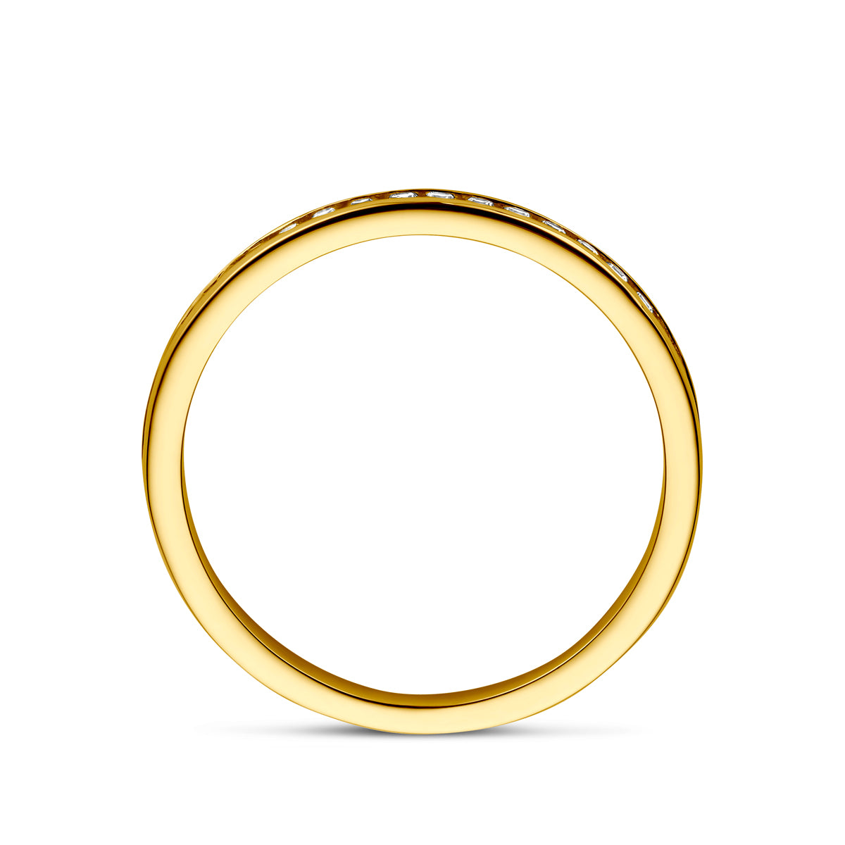 Zijaanzicht van de geelgouden 'Nell' ring, waarbij de strakke rijzetting goed te zien is.