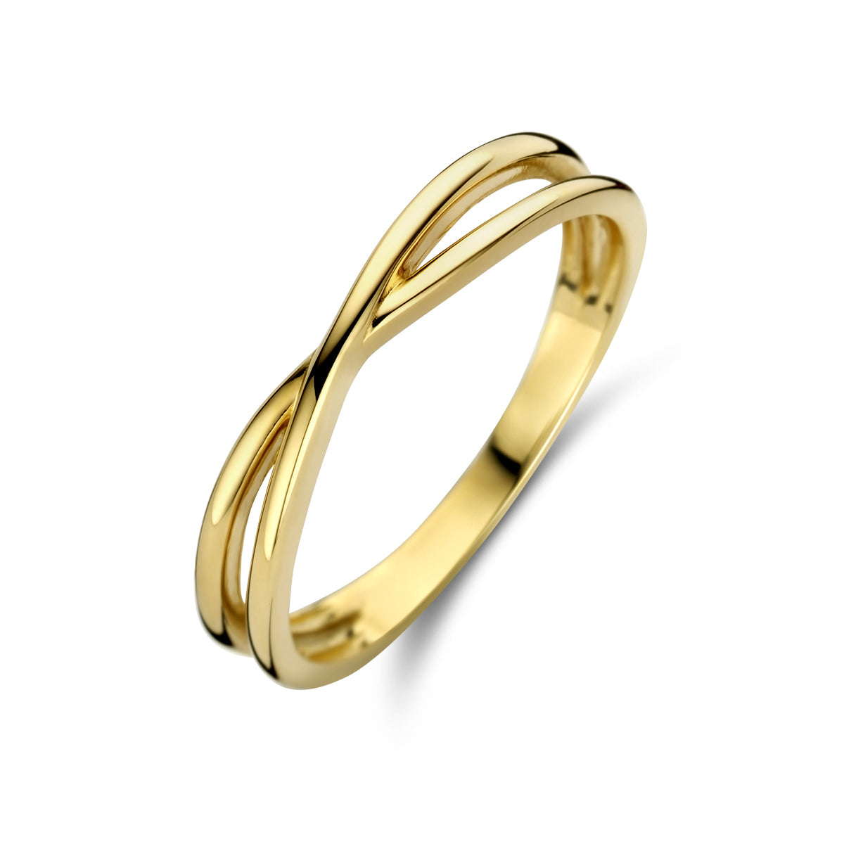 Productfoto schuinbovenaf van de 'Onda' ring, een 14 karaat gouden ring met een golvend, open ontwerp.