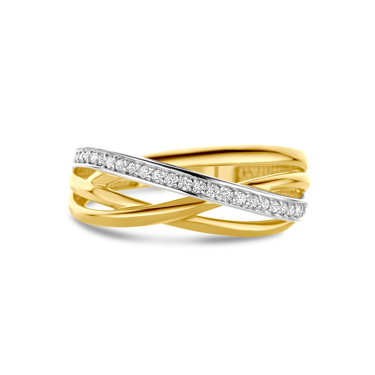 Bovenaanzicht van de Sienna ring, waarbij de rijzetting van de zirkonia's en de breedte van 8 mm duidelijk te zien zijn.