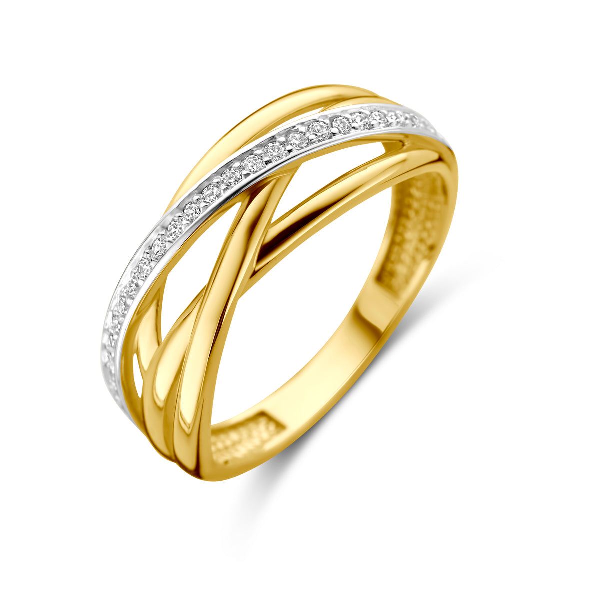 Productfoto schuinbovenaf van de 'Sienna' ring (8mm), met gevlochten banen van 14 karaat goud en een baan met zirkonia.