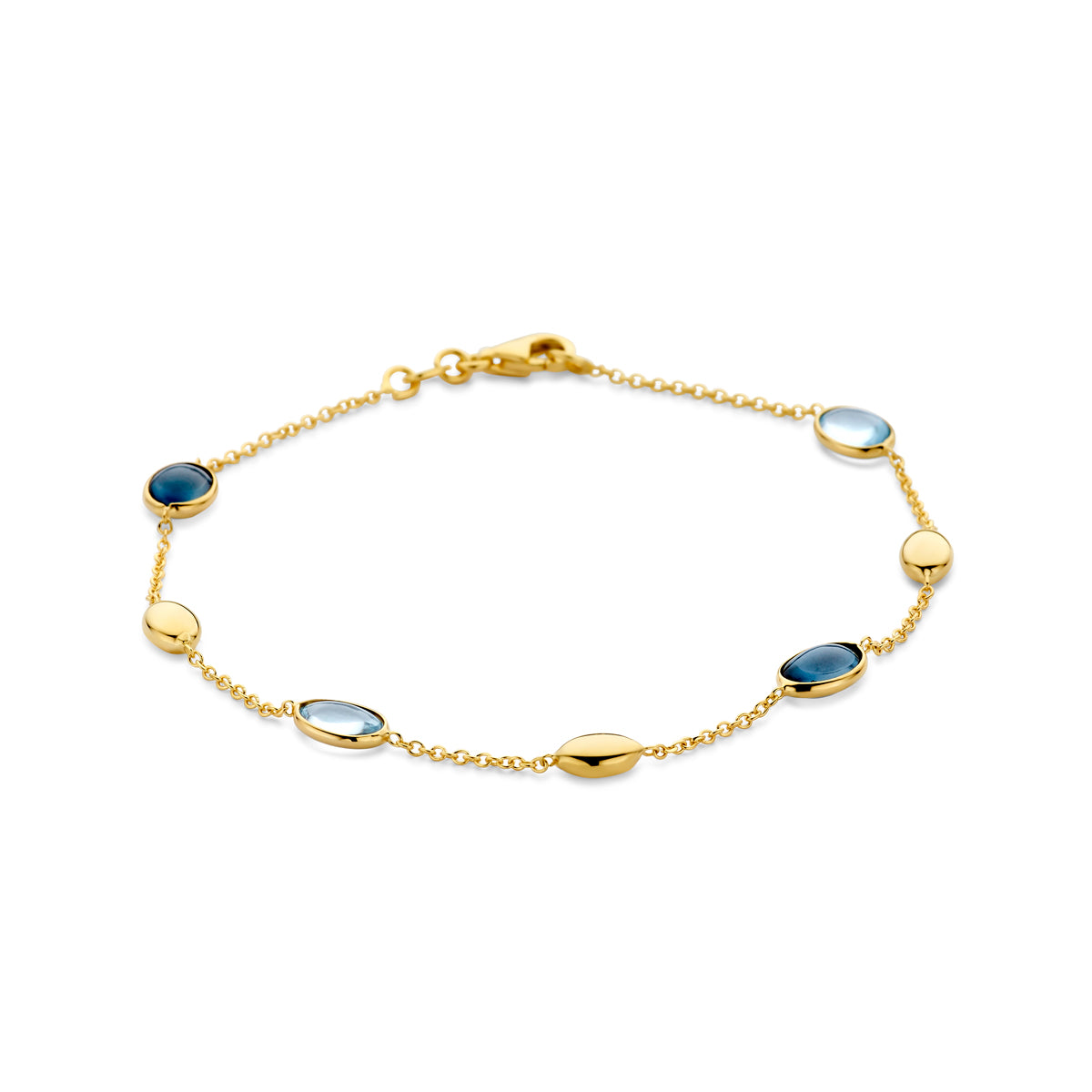 Vooraanzicht van de 14k gouden armband met ovale sky blue en london blue topaas, 19 cm lang.