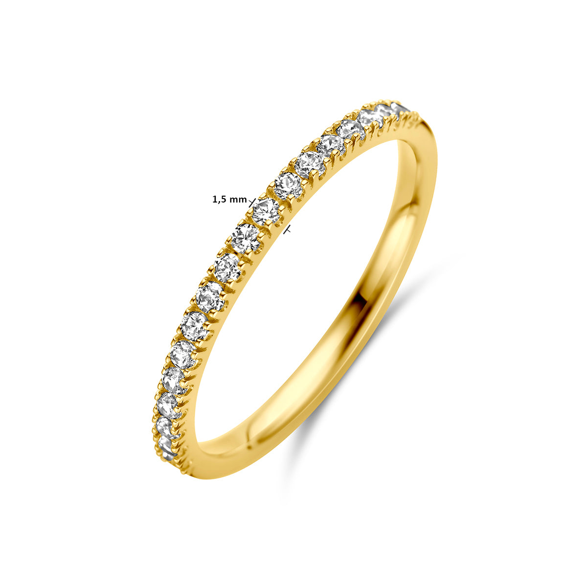 Afmetingen van de gouden geboortesteen ring april met zirkonia van 14 karaat: 1,5 mm breed.