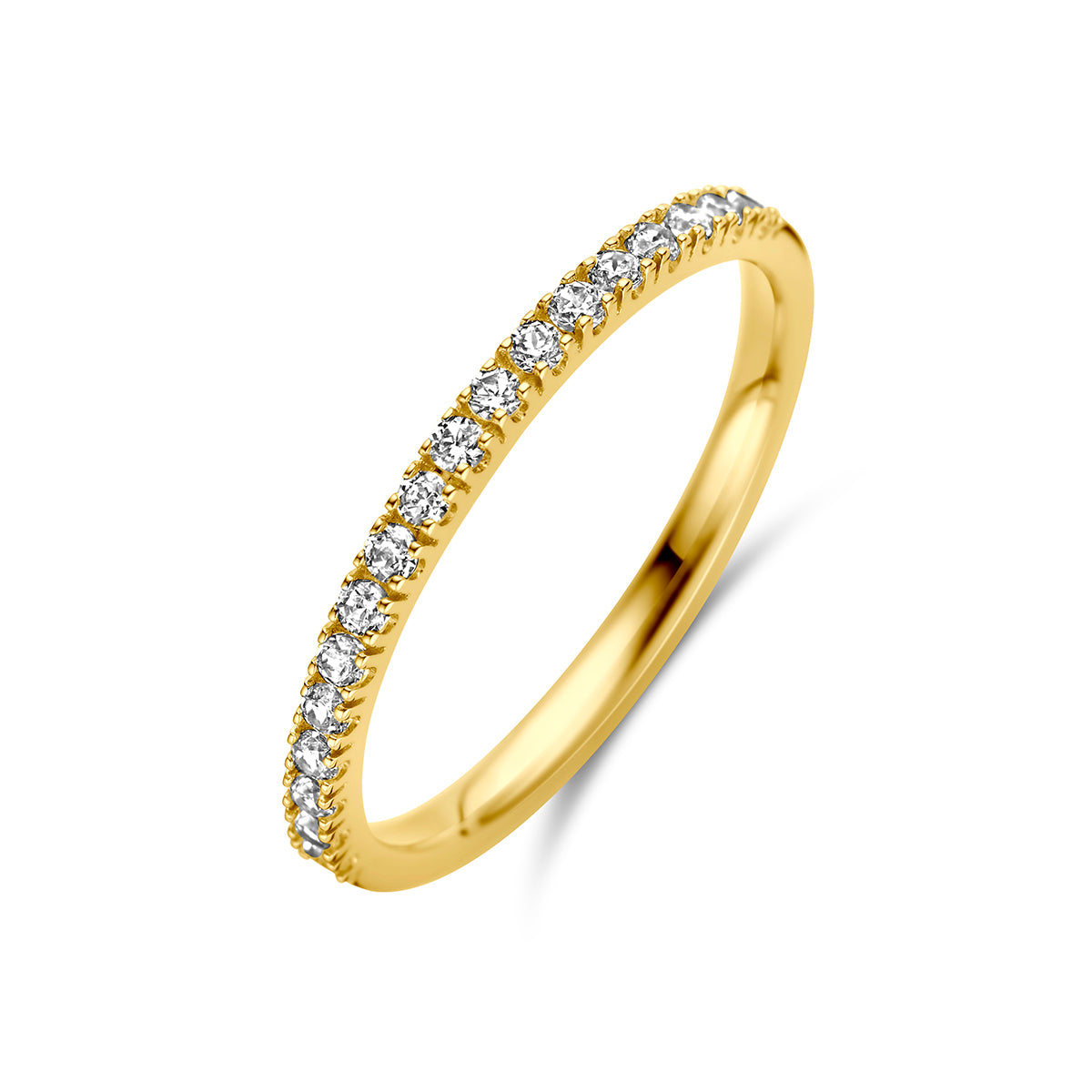 Schuin bovenaanzicht van de gouden geboortesteen ring april met zirkonia van 14 karaat.