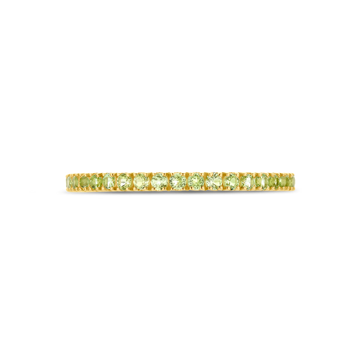 Bovenaanzicht van de gouden geboortesteen ring augustus met peridoot van 14 karaat.