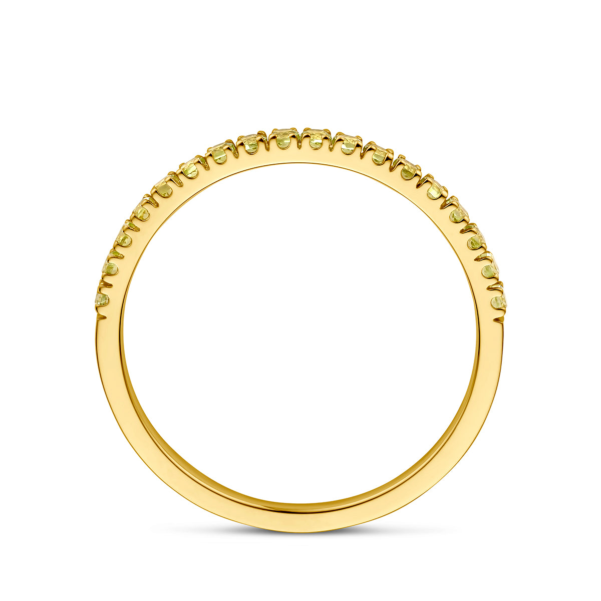 Zijaanzicht van de gouden geboortesteen ring augustus met peridoot van 14 karaat.