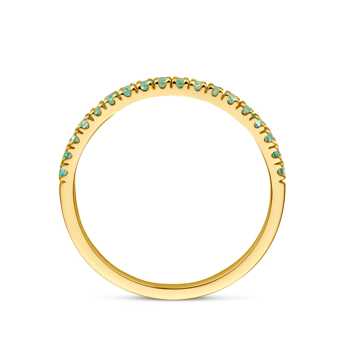Zijaanzicht van de gouden geboortesteen ring december met blauwe topaas van 14 karaat.