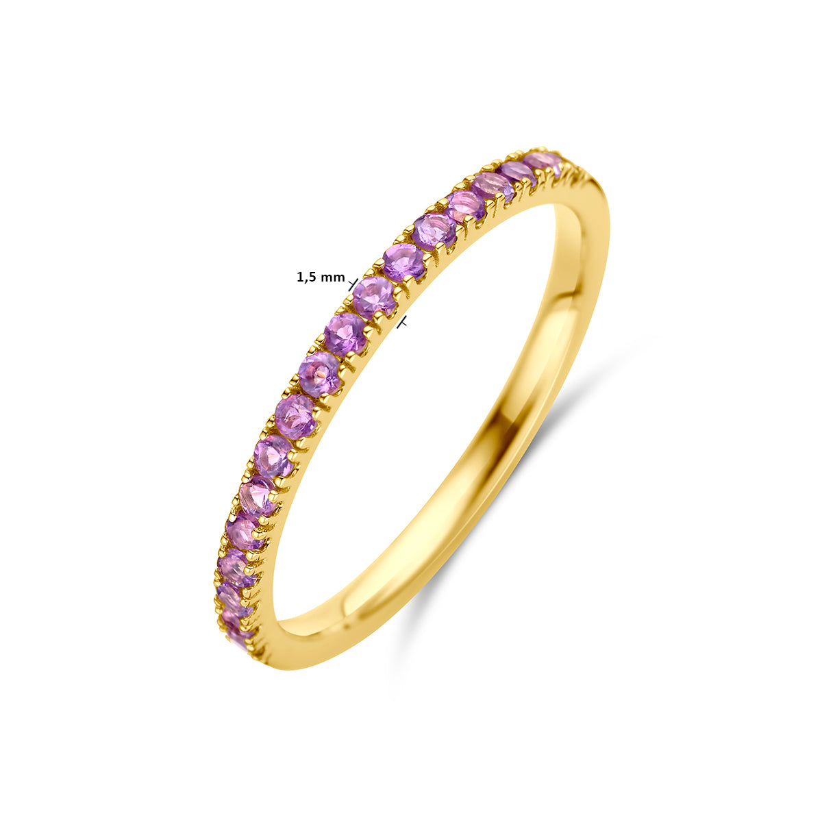 Afmetingen van de gouden geboortesteen ring februari met amethist van 14 karaat: 1,5 mm breed.