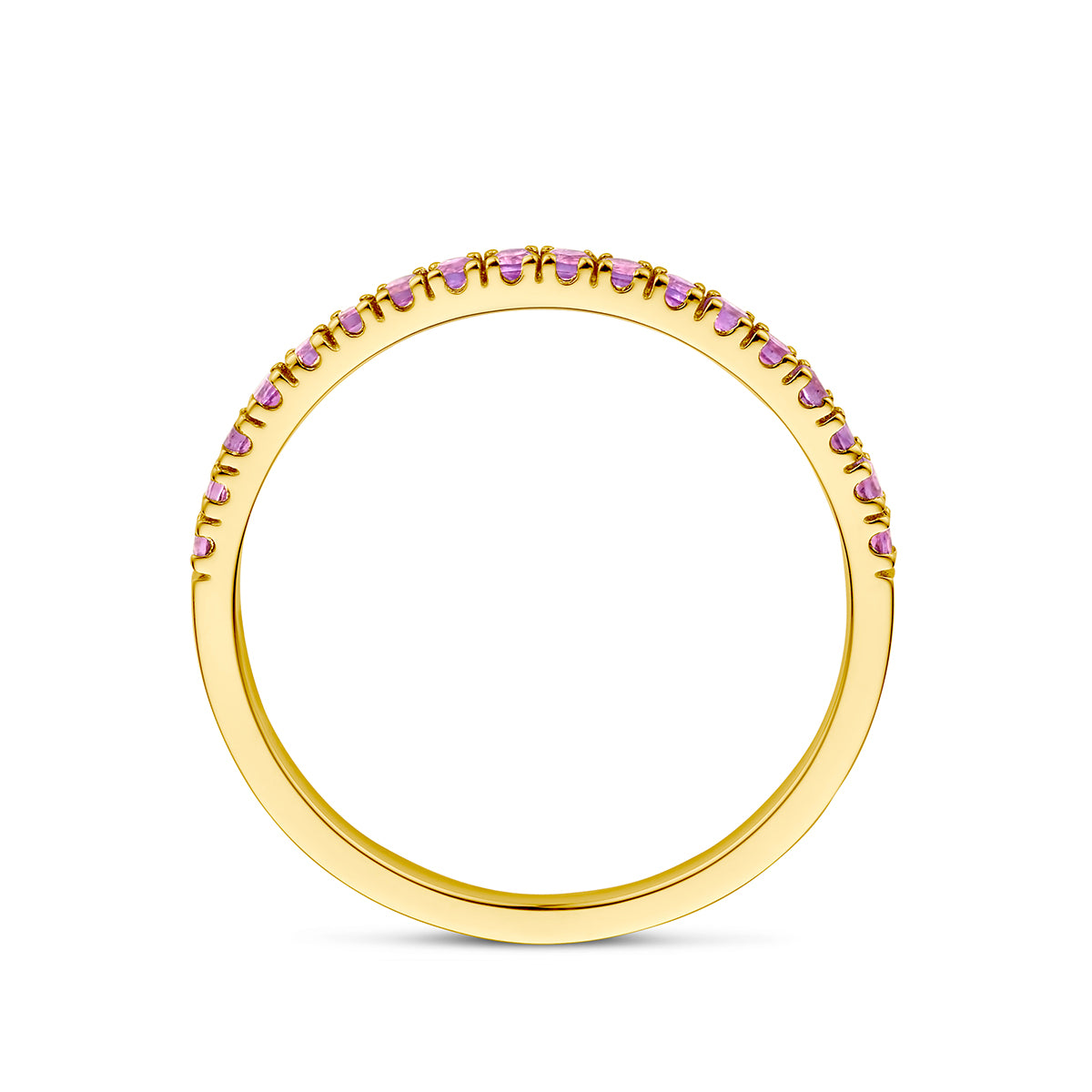 Zijaanzicht van de gouden geboortesteen ring februari met amethist van 14 karaat.