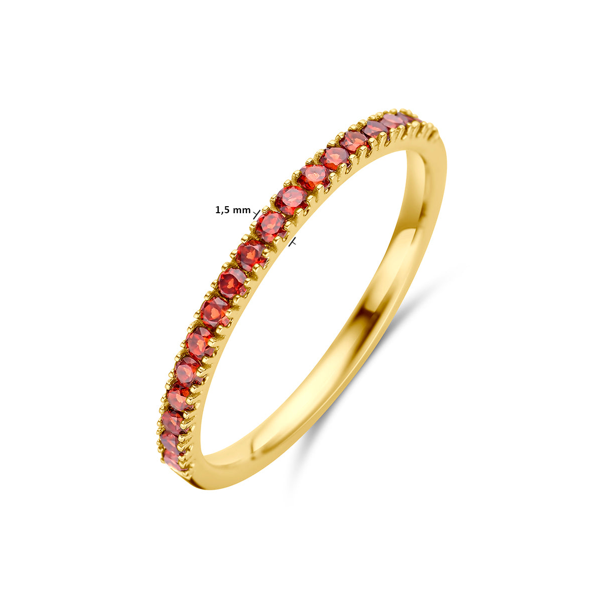 Afmetingen van de gouden geboortesteen ring januari met granaat van 14 karaat: 1,5 mm breed.
