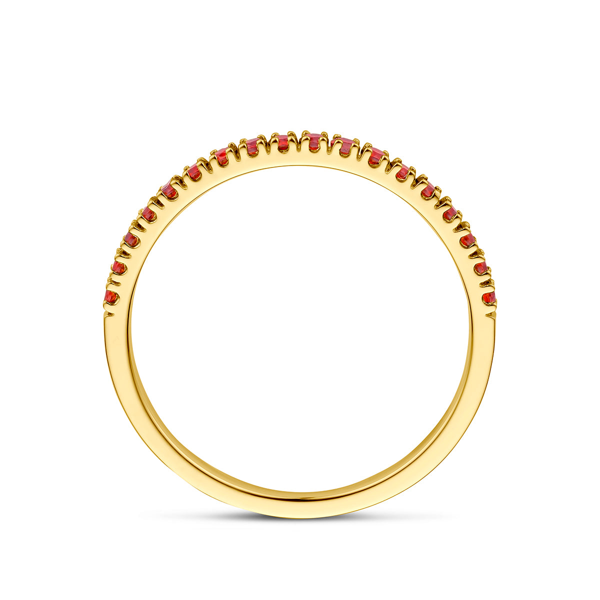 Zijaanzicht van de gouden geboortesteen ring januari met granaat van 14 karaat.
