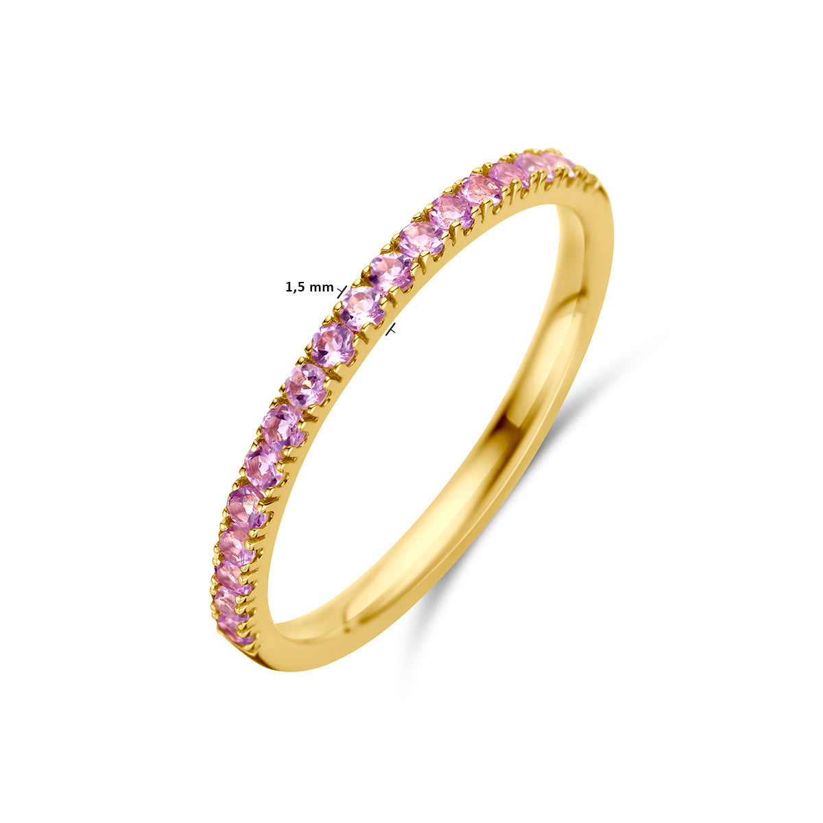 Afmetingen van de gouden geboortesteen ring juni met lichte amethist van 14 karaat: 1,5 mm breed.