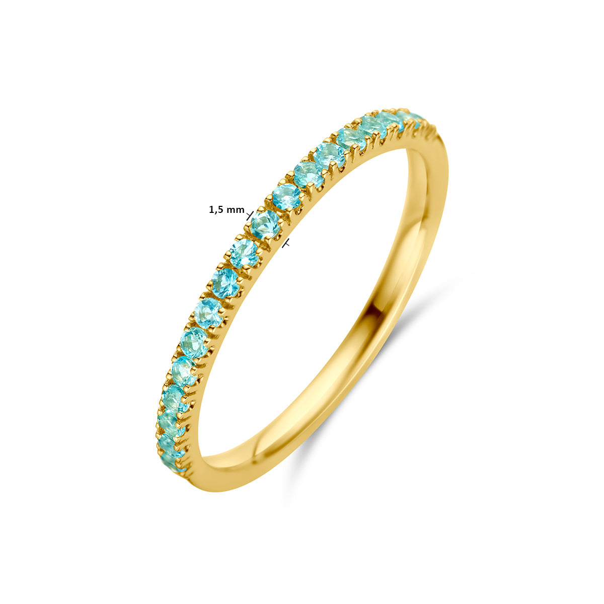 Afmetingen van de gouden geboortesteen ring maart met aquamarijn van 14 karaat: 1,5 mm breed.