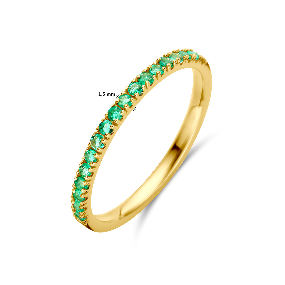Afmetingen van de gouden geboortesteen ring mei met smaragd van 14 karaat: 1,5 mm breed.