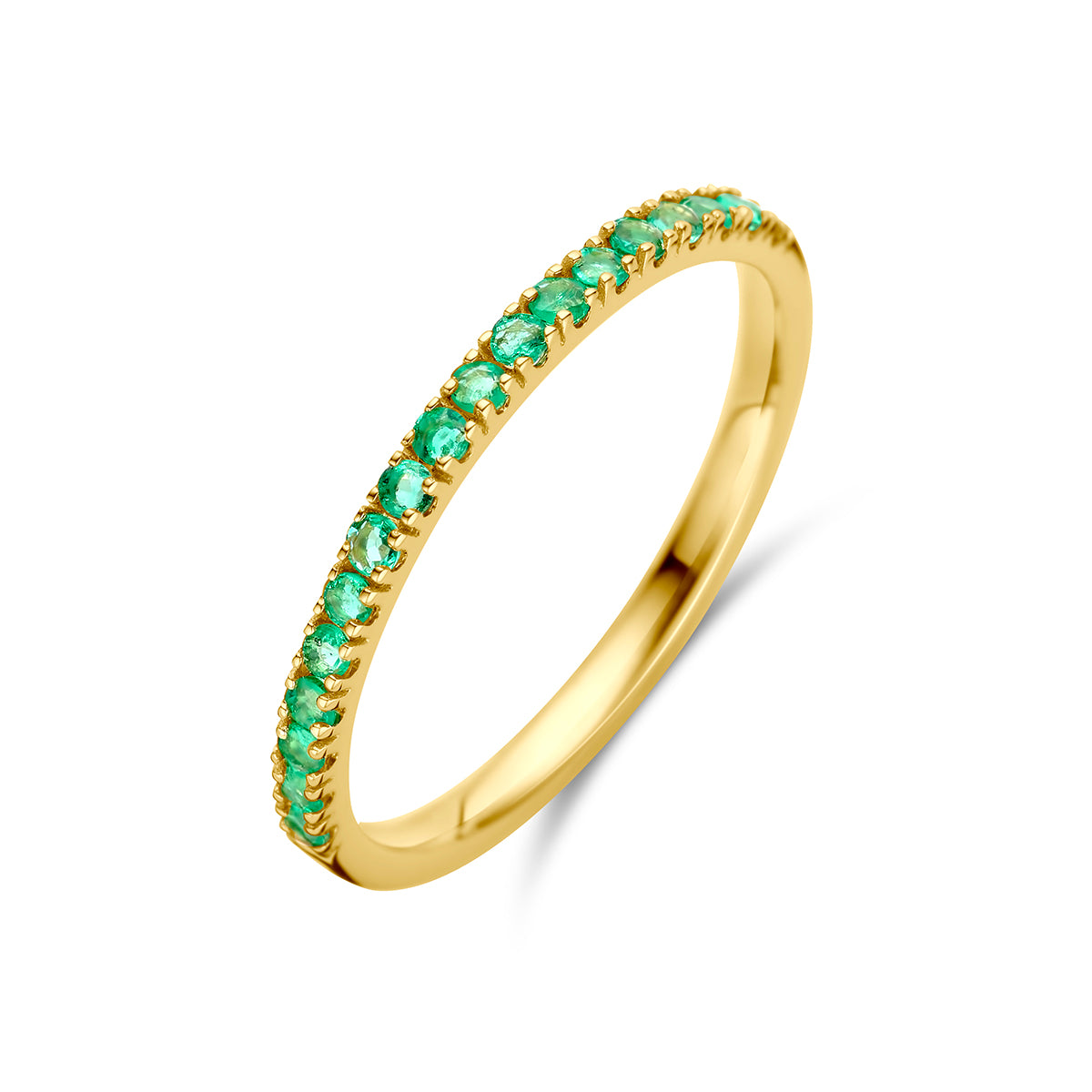 Schuin bovenaanzicht van de gouden geboortesteen ring mei met smaragd van 14 karaat.