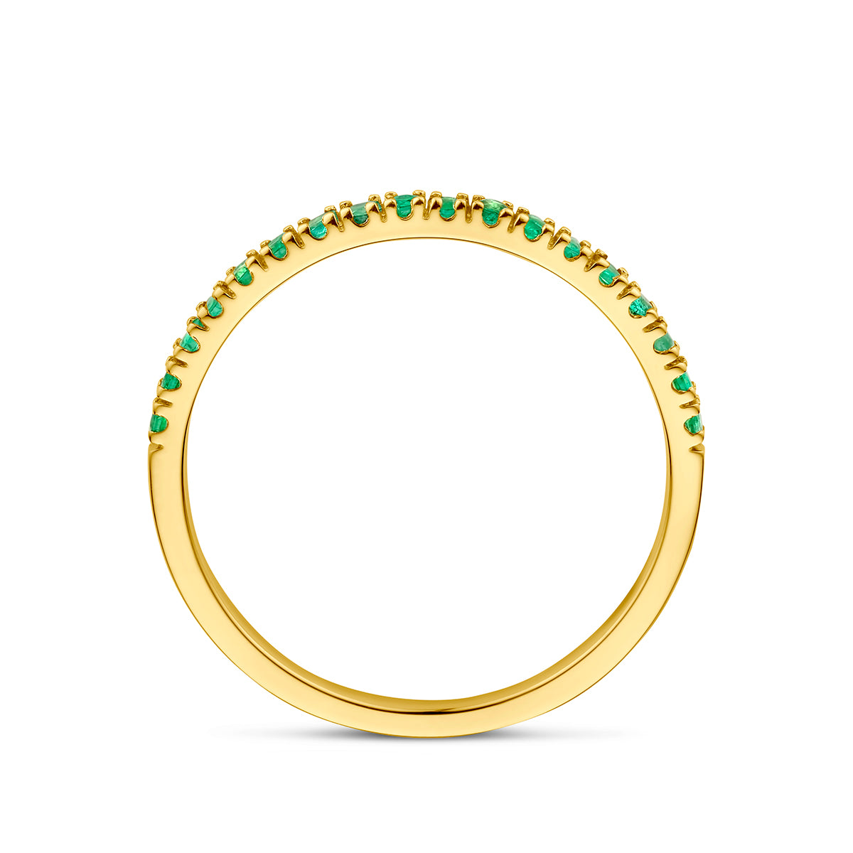 Zijaanzicht van de gouden geboortesteen ring mei met smaragd van 14 karaat.