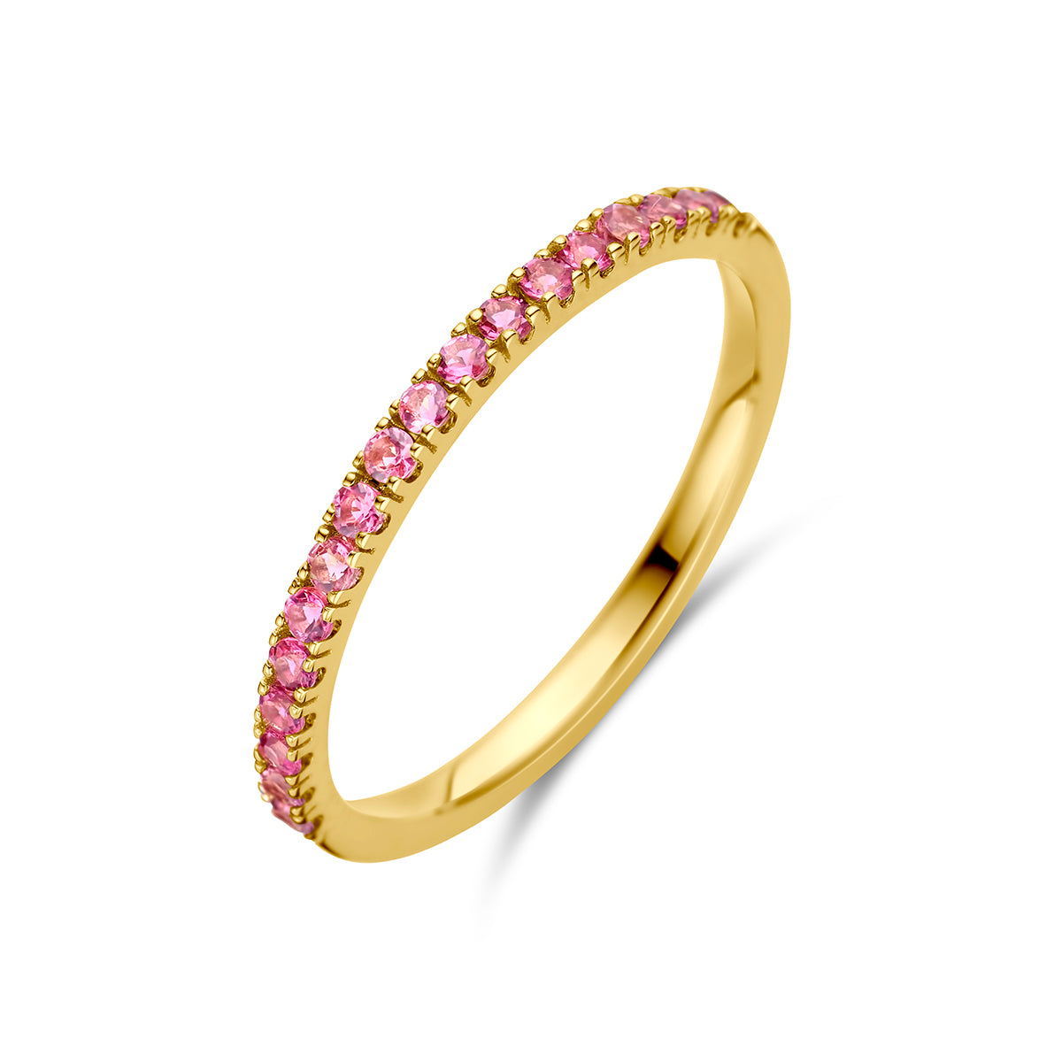 Schuin bovenaanzicht van de gouden geboortesteen ring oktober met roze toermalijn van 14 karaat.