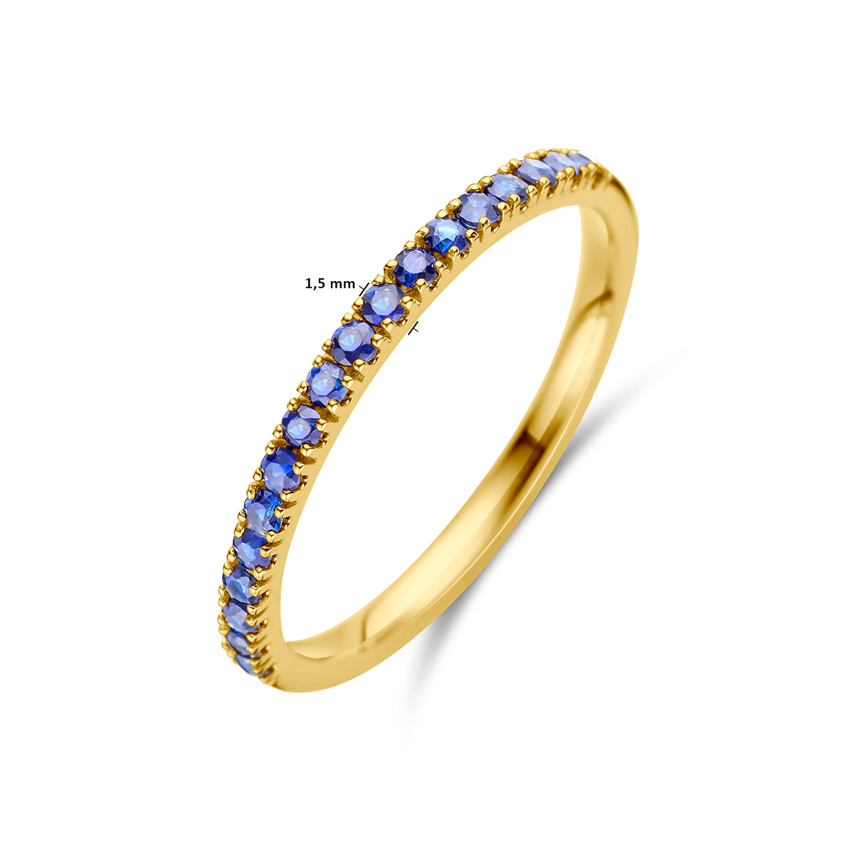 Afmetingen van de gouden geboortesteen ring september met saffier van 14 karaat: 1,5 mm breed.