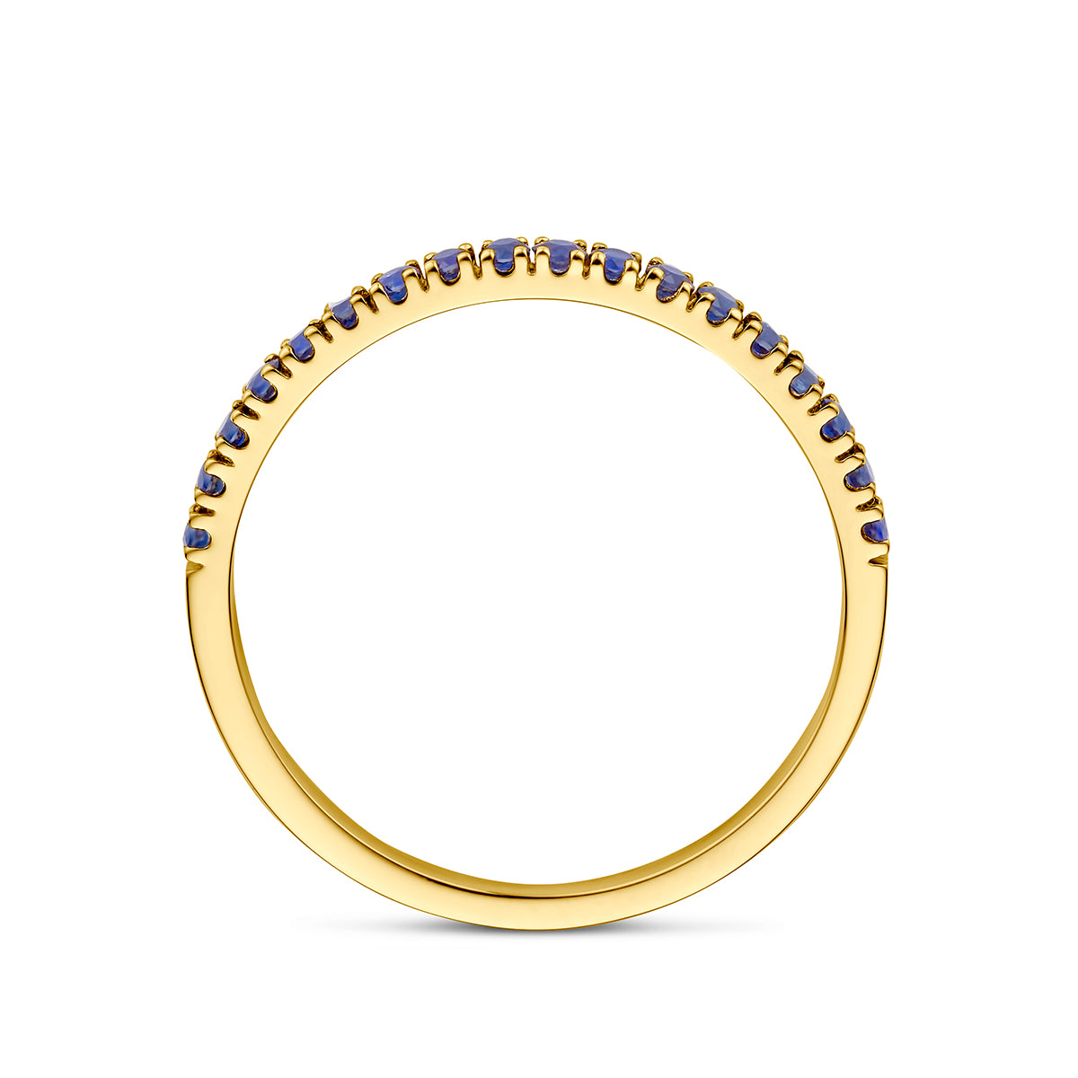 Zijaanzicht van de gouden geboortesteen ring september met saffier van 14 karaat.